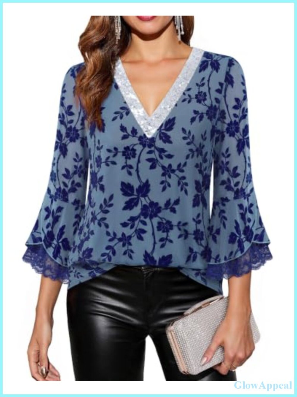 Timeson Lace Petal 3/4 Sleeve Sequin V Neck Sparkly Blouse Top